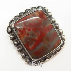 925 Sterling Silver Old Pawn Southwestern Real Plume Agate Gem Tribal Pin Brooch