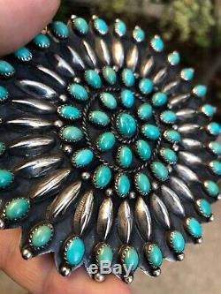 A+ Old Pawn Vintage Petit Point NAVAJO Zuni TURQUOISE & Silver 3 7/8 Pin Brooch