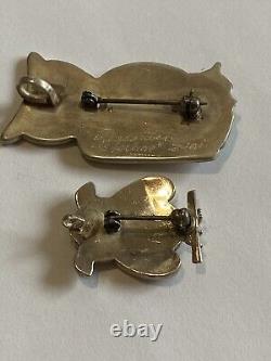 A Pair of Vintage Sterling Silver Native American Zuni Multi-Gemstone Owl Pins