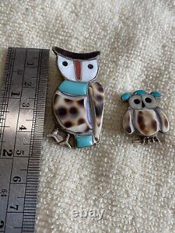 A Pair of Vintage Sterling Silver Native American Zuni Multi-Gemstone Owl Pins