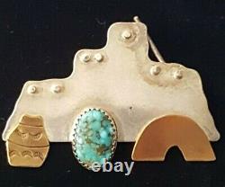 ACOMA Pueblo Terrence Hunt SUN BOY Sterling 12K GOLD Turquoise Signed BROOCH PIN