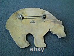 ALBERT CLEVLAND Indian Navajo Turquoise Sterling Silver Stamped Bear Pin Brooch