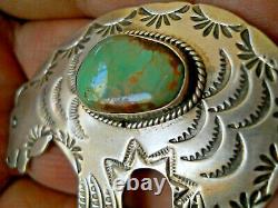 ALBERT CLEVLAND Indian Navajo Turquoise Sterling Silver Stamped Bear Pin Brooch