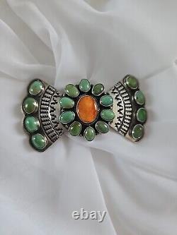 ANDY CADMAN Native American Green Turquoise Coral Sterling Bow Pin Brooch