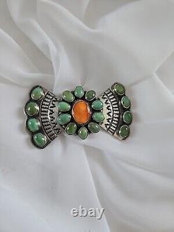 ANDY CADMAN Native American Green Turquoise Coral Sterling Bow Pin Brooch