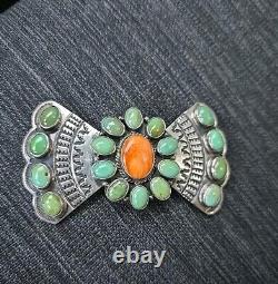 ANDY CADMAN Native American Green Turquoise Coral Sterling Bow Pin Brooch