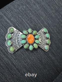 ANDY CADMAN Native American Green Turquoise Coral Sterling Bow Pin Brooch