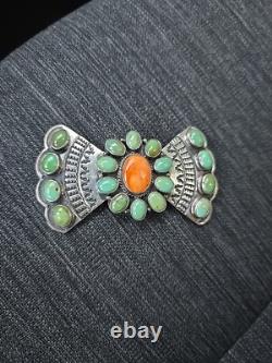 ANDY CADMAN Native American Green Turquoise Coral Sterling Bow Pin Brooch