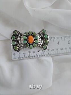ANDY CADMAN Native American Green Turquoise Coral Sterling Bow Pin Brooch
