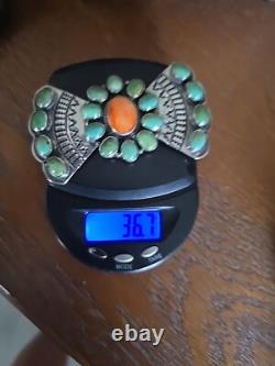 ANDY CADMAN Native American Green Turquoise Coral Sterling Bow Pin Brooch