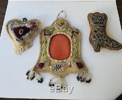 ANTIQUE c1900 NATIVE AMERICAN INDIAN BEADED WHIMSEY FRAME SHOE HEART PIN CUSHION