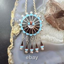 Abel Soseeah Native American Sterling Silver Zuni Inlay Sunface Pendant/Brooch