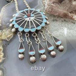 Abel Soseeah Native American Sterling Silver Zuni Inlay Sunface Pendant/Brooch