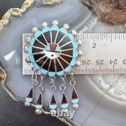Abel Soseeah Native American Sterling Silver Zuni Inlay Sunface Pendant/Brooch