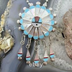 Abel Soseeah Zuni Native American Sterling Silver Inlay Sunface Pendant/Brooch