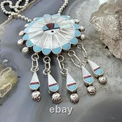 Abel Soseeah Zuni Native American Sterling Silver Inlay Sunface Pendant/Brooch