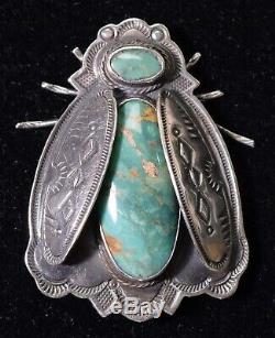 Al Somers Blackfoot Apache Signed Sterling Bug Pin, Green Turquoise