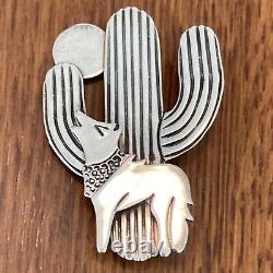 Allison Snowhawk Lee Vintage Navajo Sterling Silver Coyote cactus Pin Brooch 6