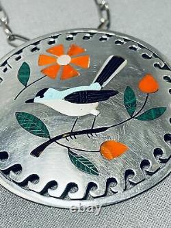 Amazing Vintage Zuni Inlay Turquoise Bird Coral Sterling Silver Necklace Pin