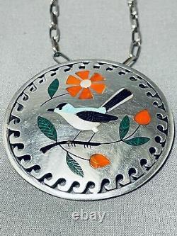 Amazing Vintage Zuni Inlay Turquoise Bird Coral Sterling Silver Necklace Pin