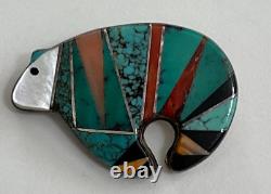 Amazing Zuni Inlay Sterling Bear Pin Mop Turquoise Coral Onyx Native American