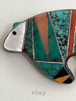 Amazing Zuni Inlay Sterling Bear Pin Mop Turquoise Coral Onyx Native American