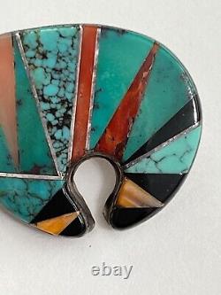 Amazing Zuni Inlay Sterling Bear Pin Mop Turquoise Coral Onyx Native American