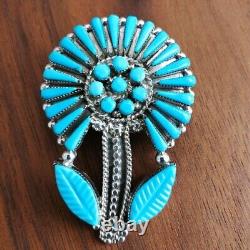 Amazing Zuni Sterling Silver Blue Turquoise Needlepoint Inlay Flower Brooch Pin