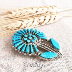 Amazing Zuni Sterling Silver Blue Turquoise Needlepoint Inlay Flower Brooch Pin