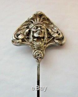 Antique Art Nouveau Chief Hatpin Sterling Silver Native American Hat Pin Signed