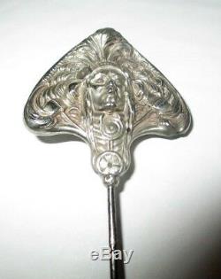 Antique Art Nouveau Chief Hatpin Sterling Silver Native American Hat Pin Signed