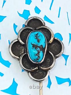 Antique Bisbee Turquoise Nugget Native American Sterling Silver Flower Stick Pin