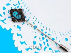 Antique Bisbee Turquoise Nugget Native American Sterling Silver Flower Stick Pin