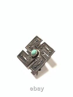 Antique Fred Harvey Era Native American Silver Turquoise Whirling Log Pin Brooch