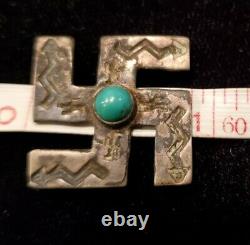 Antique Indian Native American Hand Stamped Cut Swastika Pin Navajo Turquoise