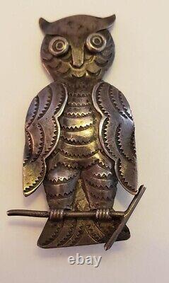 Antique Native American Sterling Silver Owl Pin