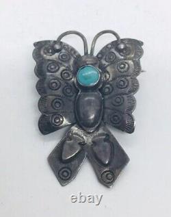 Antique Navajo Native American Sterling Silver Blue Turquoise Butterfly Pin