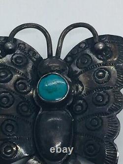 Antique Navajo Native American Sterling Silver Blue Turquoise Butterfly Pin