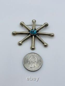 Antique Navajo Native American Sterling Silver Blue Turquoise Sand Cast Pin