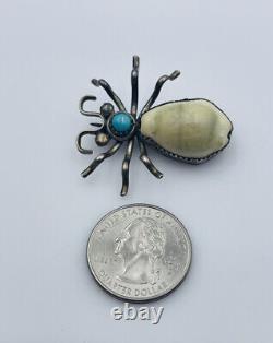 Antique Navajo Sterling Silver Large Blue Turquoise & Shell Bug Insect Pin