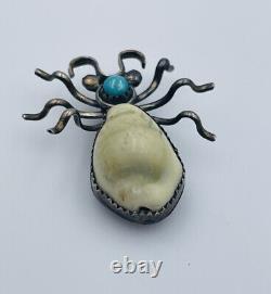 Antique Navajo Sterling Silver Large Blue Turquoise & Shell Bug Insect Pin