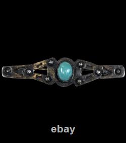 Antique Navajo Turquoise Repousse Early Stamp Work Sterling Silver Pin Brooch
