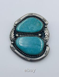 Antique Old Pawn Navajo Sterling Silver Large Double Blue Turquoise Pin Pendant
