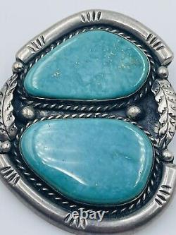 Antique Old Pawn Navajo Sterling Silver Large Double Blue Turquoise Pin Pendant