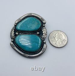 Antique Old Pawn Navajo Sterling Silver Large Double Blue Turquoise Pin Pendant