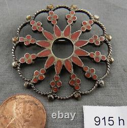Antique, Unusual, Zuni Flush Inlay Floral Pin, Sterling & Coral
