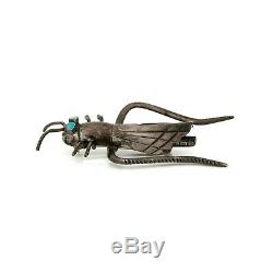 Antique Vintage 925 Sterling Silver Native Zuni Turquoise Grasshopper Pin Brooch