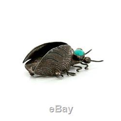 Antique Vintage Sterling Silver Native Navajo Turquoise Beetle Bug Pin Brooch