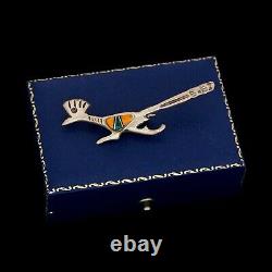 Antique Vintage Sterling Silver Native Zuni Oyster Roadrunner Inlay Pin Brooch