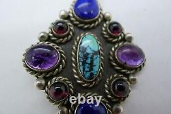 Apache Native American Sterling Silver Pin Lapis Turquoise Jeweled Pike Snyder